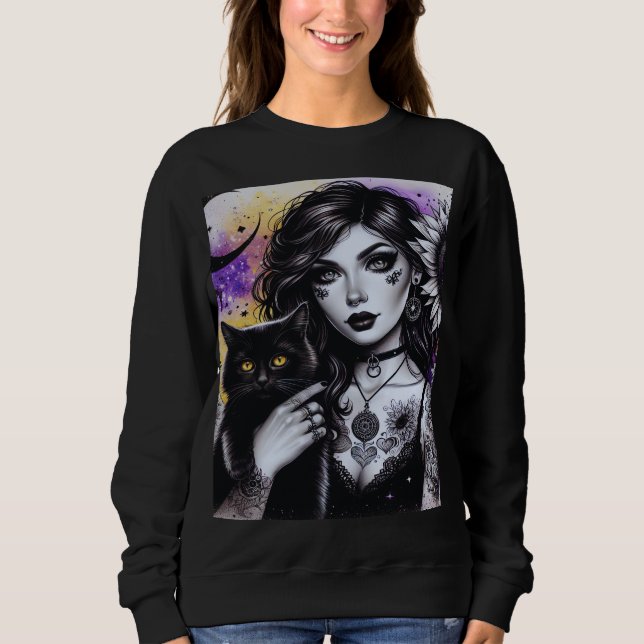Celestial Gothic Hexe und Black Cat Sweatshirt (Vorderseite)