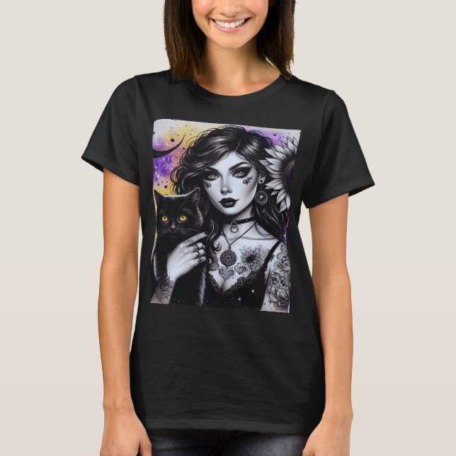 Celestial Gothic Hexe und Black Cat T-Shirt (Vorderseite)