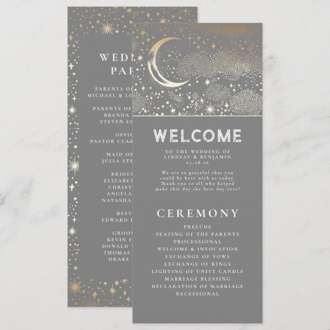 Celestial Gray and Gold Wedding Programs Programm (Vorne/Hinten)