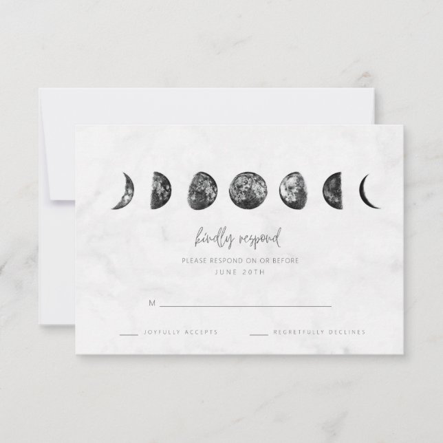 Celestial Gray Marble Moon Phases Wedding RSVP Karte (Vorderseite)