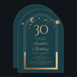 Celestial Green Gold Sun Moon Stars 30. Geburtstag Einladung<br><div class="desc">Celestial Green Gold Sun Moon Astronomie 30. Geburtstag Einladungen bietet eine elegante goldene Sonne, Mond und Sterne mit einem goldenen Rahmen auf einem waldgrünen Hintergrund. Im Inneren ist Ihre individuelle Einladung zum dreißigsten Geburtstag Informationen. Personalisieren Sie den Text in den Textfeldern, indem Sie ihn bearbeiten. Für Sie entworfen von Evco...</div>