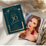 Celestial Green Gold Sun Moon Stars 30. Geburtstag Einladung<br><div class="desc">Celestial Green Gold Sun Moon Astronomie 30. Geburtstag Foto Einladungen bietet eine elegante goldene Sonne,  Mond und Sterne mit einem goldenen Rahmen auf einem waldgrünen Hintergrund. Im Inneren ist Ihre individuelle Einladung zum dreißigsten Geburtstag Informationen. Auf der Rückseite fügen Sie Ihr Lieblings-Foto. Für Sie entworfen von Evco Studio www.zazzle.com/store/evcostudio</div>
