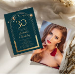 Celestial Green Gold Sun Moon Stars 30. Geburtstag Einladung<br><div class="desc">Celestial Green Gold Sun Moon Astronomie 30. Geburtstag Foto Einladungen bietet eine elegante goldene Sonne,  Mond und Sterne mit einem goldenen Rahmen auf einem waldgrünen Hintergrund. Im Inneren ist Ihre individuelle Einladung zum dreißigsten Geburtstag Informationen. Auf der Rückseite fügen Sie Ihr Lieblings-Foto. Für Sie entworfen von Evco Studio www.zazzle.com/store/evcostudio</div>