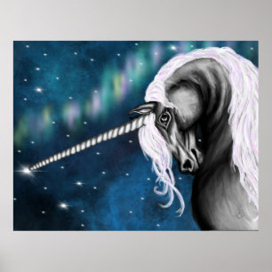 Celestial Guardian: Graues Einhorn mit Aurora Tanz Poster