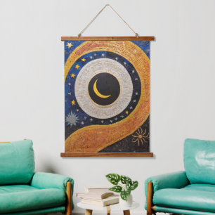 Celestial Harmony Mosaic Sun Moon Stars Wandteppich Mit Holzrahmen
