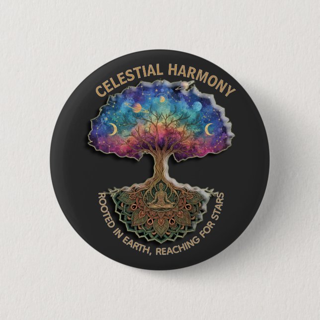 Celestial Harmony Tree | Cosmic Meditation Mandala Button (Vorderseite)