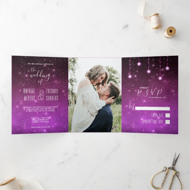 Celestial Liebe geschrieben in Stars Foto Hochzeit Dreifach Gefaltete Einladung (Innenseite)