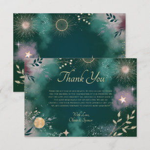 Celestial Magic Moon & Stars Emerald Wedding Dankeskarte
