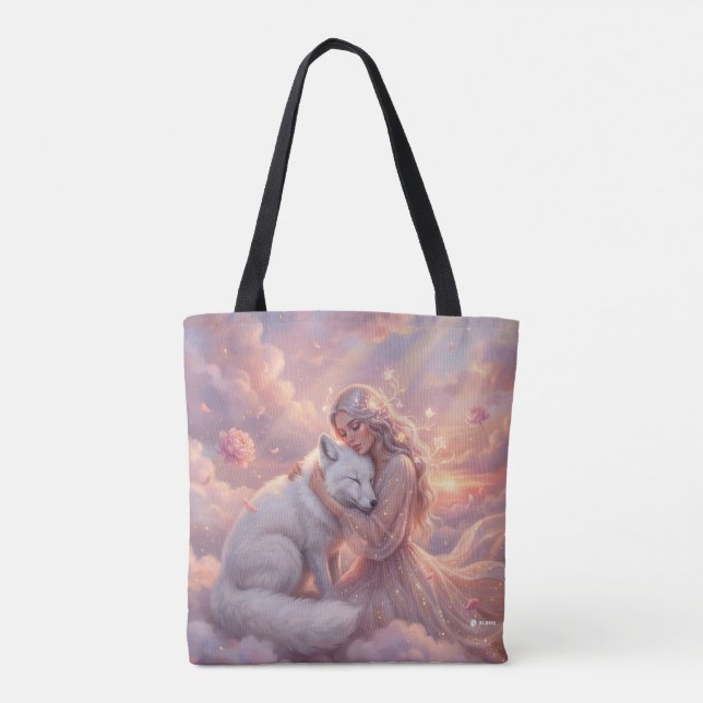 Celestial Maiden White Fox Fantasy Tote Bag (Dos)