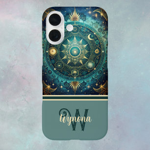 Celestial Mandala Moon Galaxy Aquamarin Gold Monog iPhone 16 Hülle