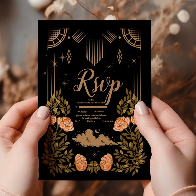 Celestial Midnight Black Stars Wedding RSVP Karte (Von Creator hochgeladen)