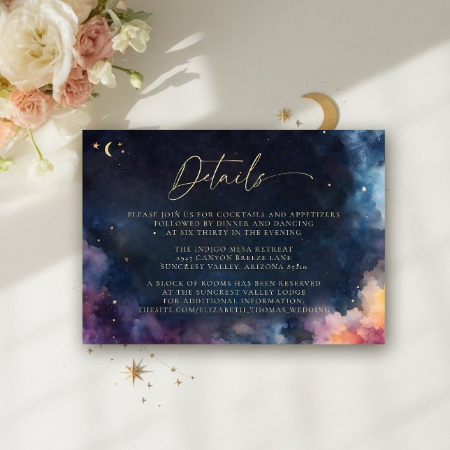 Celestial Midnight Blue Elegante Wedding Details Begleitkarte (celestial wedding details reception card cosmic watercolor starry night sky galaxy universe astrolog)