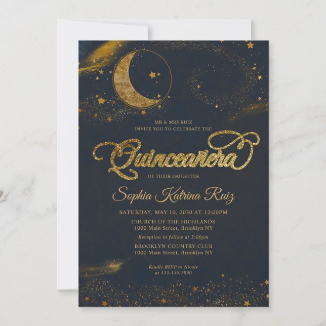 Celestial Midnight Blue Gold Star Moon Quinceanera Einladung (Vorderseite)