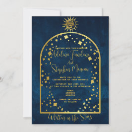 Celestial Midnight Blue Gold Star Moon Sun Wedding Einladung