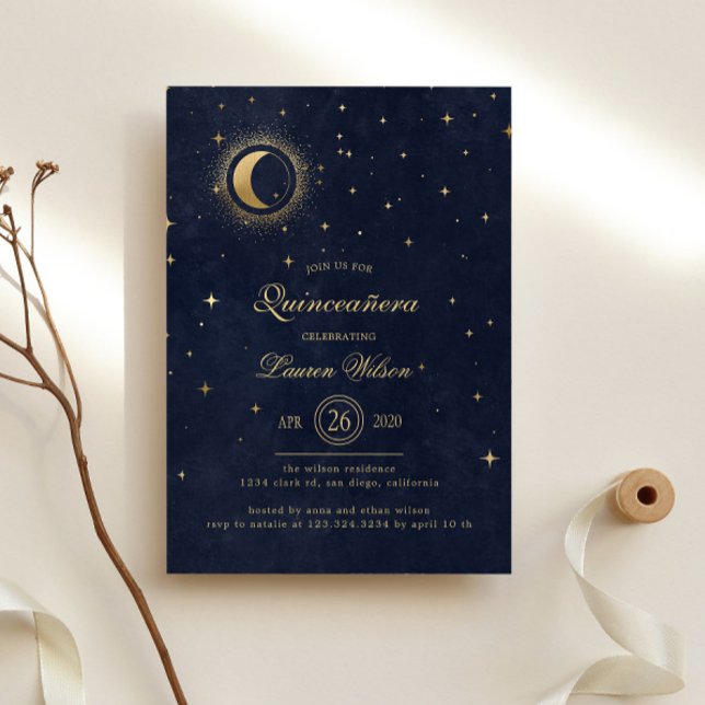 Celestial Midnight Blue Gold Stars Quinceanera Einladung (Von Creator hochgeladen)