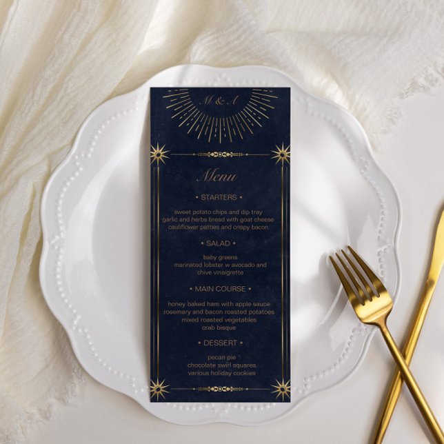 Celestial Midnight Blue Gold Wedding Dinner Menu Einladung (Von Creator hochgeladen)