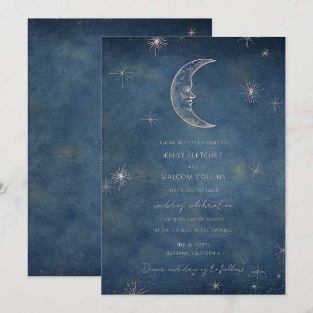 Celestial Midnight Blue Moon Stars Wedding Einladung (Vorne/Hinten)