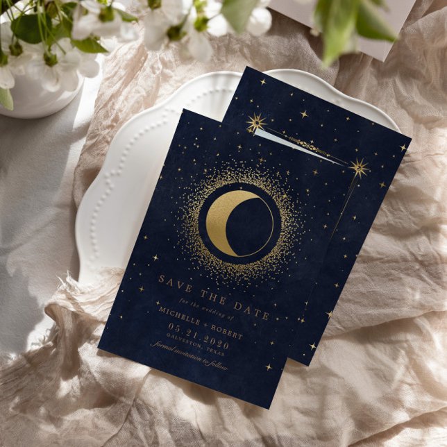 Celestial Midnight Blue Stars Foto Save the Date Einladung (Von Creator hochgeladen)
