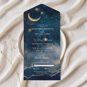 Celestial Midnight Blue Stars Moon Wedding All In One Einladung