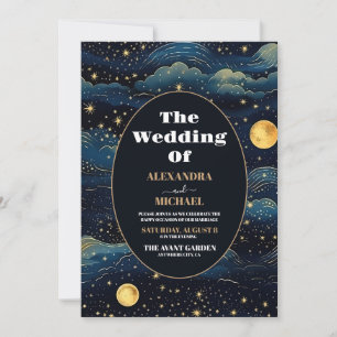 Celestial Midnight Blue Stars Moon Wedding Einladung