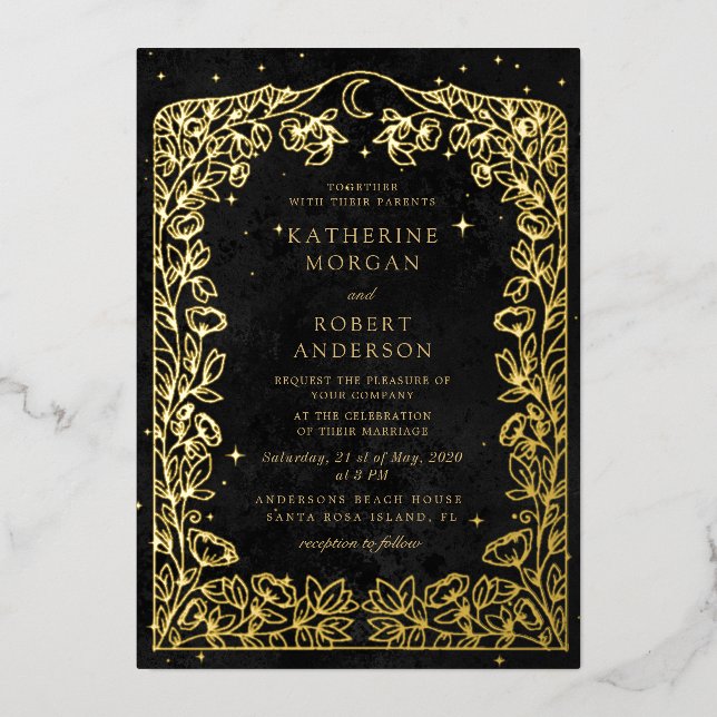 Celestial Midnight Blue Stars Moon Wedding Folieneinladung (Vorderseite)