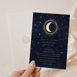 Celestial Midnight Blue Stars Moon Wedding Folieneinladung