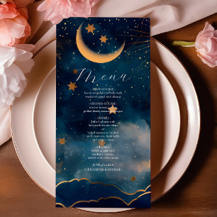 Celestial Midnight Blue Stars Moon Wedding Menükarte