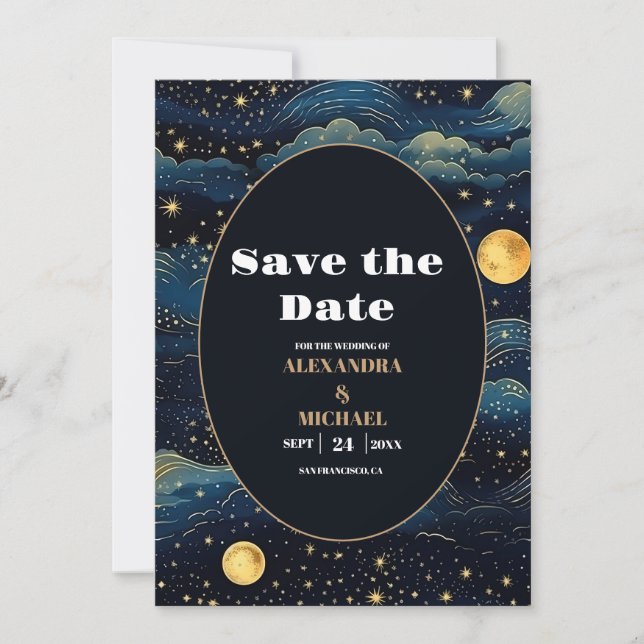 Celestial Midnight Blue Stars Moon Wedding Save The Date (Vorderseite)