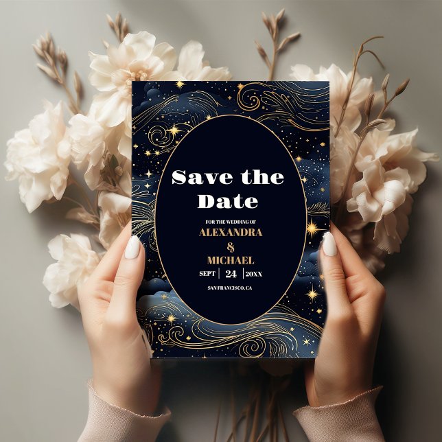 Celestial Midnight Blue Stars Moon Wedding Save The Date (Von Creator hochgeladen)