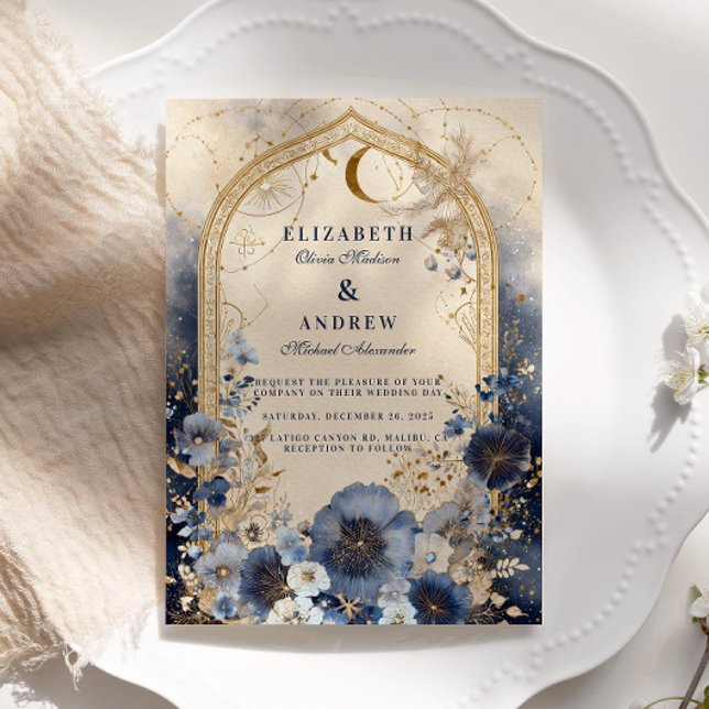 Celestial Midnight Blue und Gold Wedding Einladung (Von Creator hochgeladen)