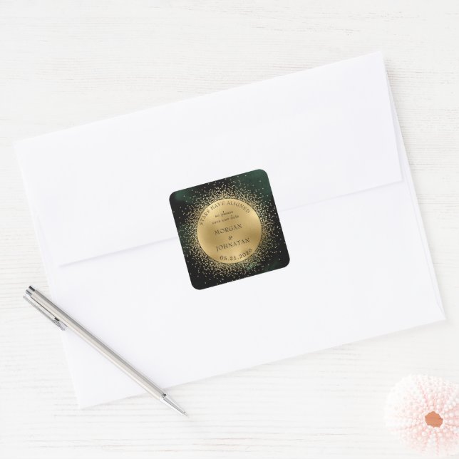 Celestial Midnight Gold Moon Save the Date Quadratischer Aufkleber (Umschlag)