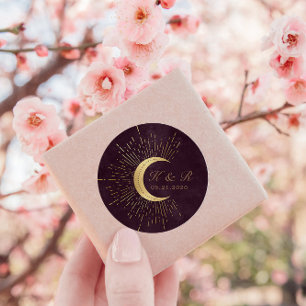 Celestial Midnight Gold Moon Wedding Runder Aufkleber