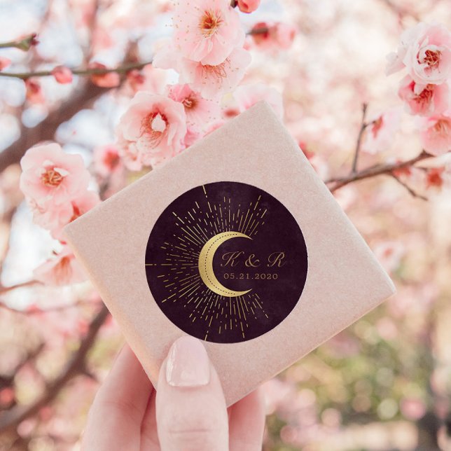 Celestial Midnight Gold Moon Wedding Runder Aufkleber (Von Creator hochgeladen)