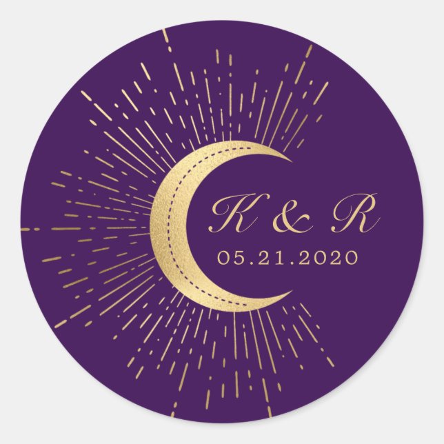 Celestial Midnight Gold Moon Wedding Runder Aufkleber (Vorderseite)