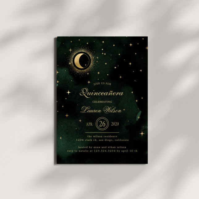 Celestial Midnight Green Gold Stars Quinceanera Einladung (Von Creator hochgeladen)