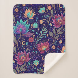 Celestial Midnight Lotus Floral Pattern Blanket Sherpadecke