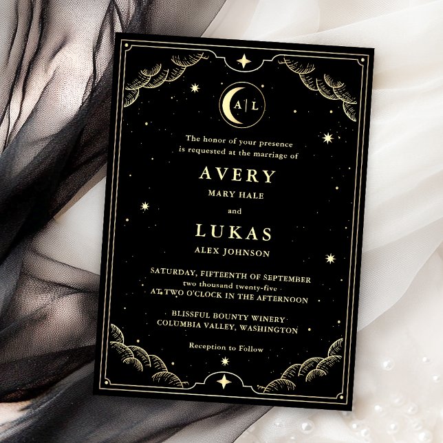 Celestial Midnight Sky Black Gold Wedding Einladung (Von Creator hochgeladen)