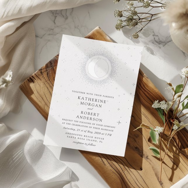 Celestial Midnight Stars Moon Wedding Folieneinladung (Von Creator hochgeladen)