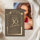 Celestial Mocha Gold Sun Moon Stars 30. Einladung<br><div class="desc">Celestial Mocha Gold Sun Moon Astronomie 30. Geburtstag Foto Einladungen bietet eine elegante goldene Sonne,  Mond und Sterne mit einem goldenen Rahmen auf einem Mochahintergrund. Im Inneren ist Ihre individuelle Einladung zum dreißigsten Geburtstag Informationen. Auf der Rückseite fügen Sie Ihr Lieblings-Foto. Für Sie entworfen von Evco Studio www.zazzle.com/store/evcostudio</div>