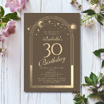 Celestial Mocha Gold Sun Moon Stars 30. Einladung<br><div class="desc">Celestial Mocha Gold Sun Moon Astronomie 30. Geburtstag Einladungen bietet eine elegante goldene Sonne, Mond und Sterne mit einem goldenen Rahmen auf einem Mochahintergrund. Im Inneren ist Ihre individuelle Einladung zum dreißigsten Geburtstag Informationen. Personalisieren Sie den Text in den Textfeldern, indem Sie ihn bearbeiten. Für Sie entworfen von Evco Studio...</div>