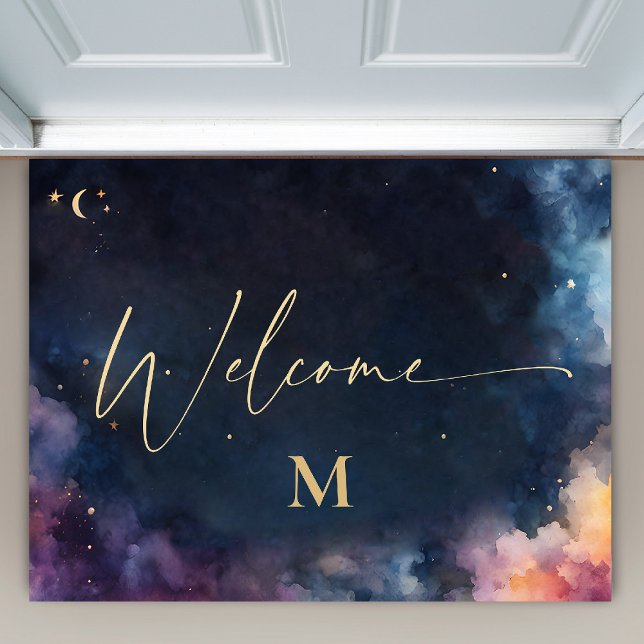 Celestial Monogram Blue Gold Galaxy Sky Willkommen Fußmatte (elestial galaxy personalized midnight blue space welcome doormat custom monogram gift)