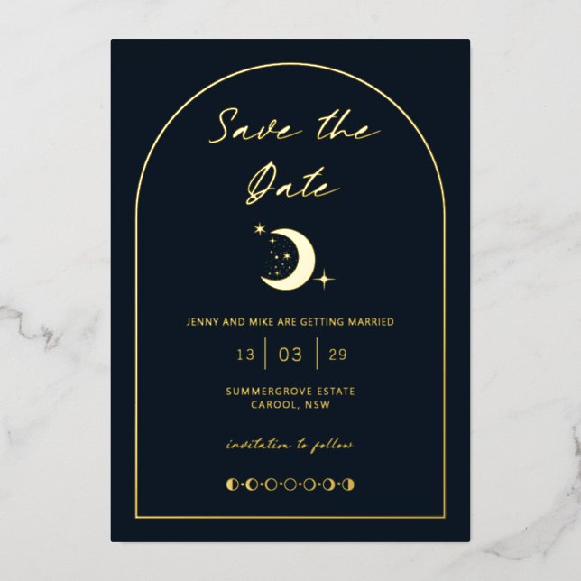 Celestial Moon and Stars Arch Save the Date Folieneinladung (Vorderseite)