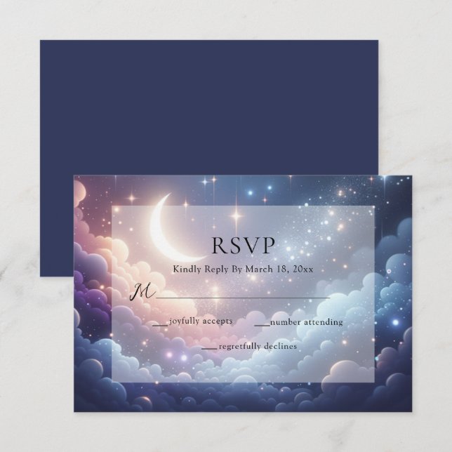 Celestial Moon and Stars Blue Wedding RSVP Karte (Vorne/Hinten)