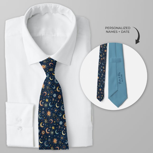 Celestial Moon and Stars Folklore Art Krawatte (Personalized Celestial Wedding Necktie for groom and  groomsmen.)