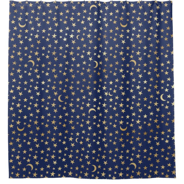 Celestial Moon and Stars Gold und Marine Duschvorhang (Vorderseite)