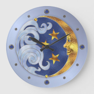 Celestial Moon and Stars Große Wanduhr