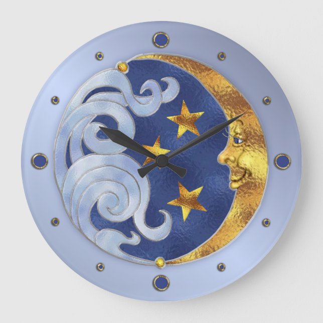 Celestial Moon and Stars Große Wanduhr (Vorderseite)
