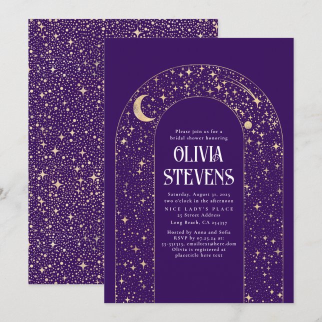 Celestial Moon and Stars Lila Brautparty Einladung (Vorne/Hinten)