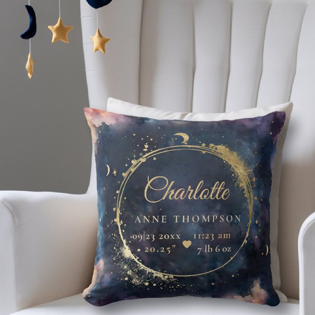 Celestial Moon Birth Stats Keepake Navy Kinderzimm Kissen (celestial baby birth stats keepsake throw pillow star moon cosmos galaxy boho nursery decor)