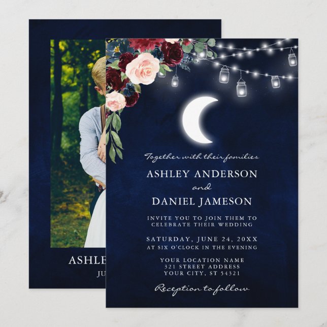 Celestial Moon Floral Jar Lights Foto Hochzeit Einladung (Vorne/Hinten)